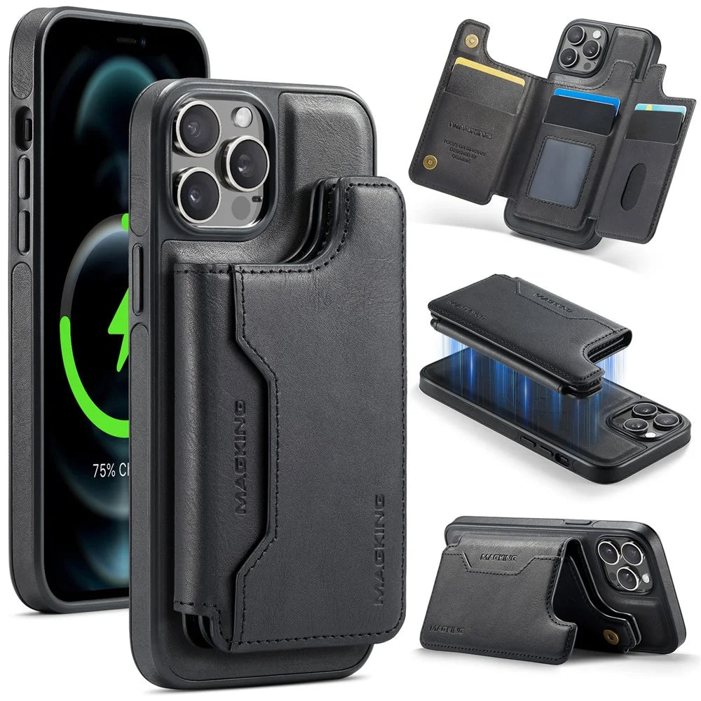 MAGKING K3 Series For iPhone 12 Pro Case Compatible with MagSafe Wallet PC + TPU + PU Phone Cover - Black - 1