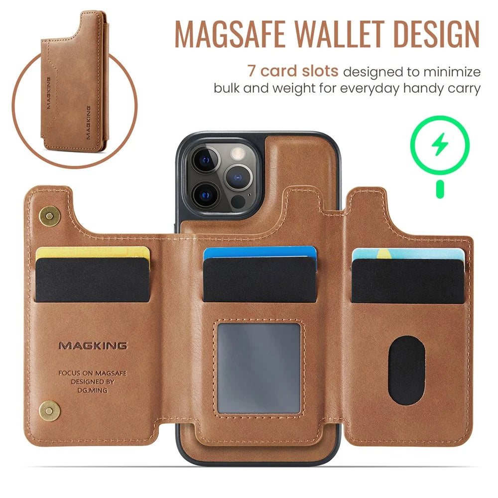 MAGKING K3 Series For iPhone 12 Pro Max Case Compatible with MagSafe Wallet PC + TPU + PU Phone Cover - Brown - 7