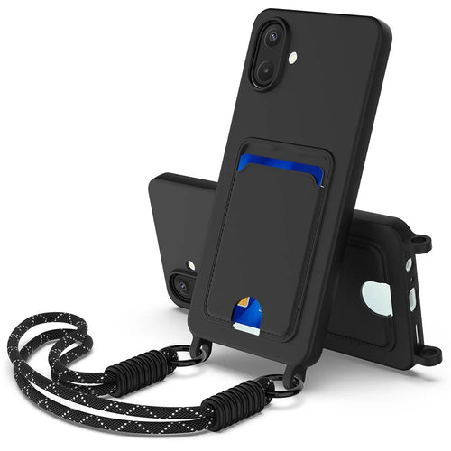 For Samsung Galaxy A08 4G / A08 5G / F07 4G / M17e 5G / M07 4G / A07 5G / A07 4G Case Liquid Silicone Card Holder Phone Back Cover with Short Strap - Black - 1