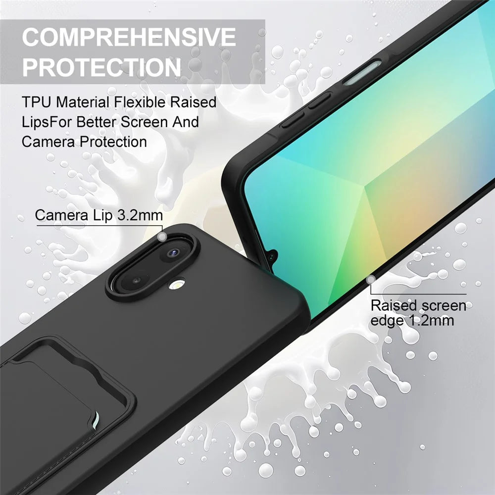 For Samsung Galaxy A08 4G / A08 5G / F07 4G / M17e 5G / M07 4G / A07 5G / A07 4G Case Liquid Silicone Card Holder Phone Back Cover with Short Strap - Black - 7