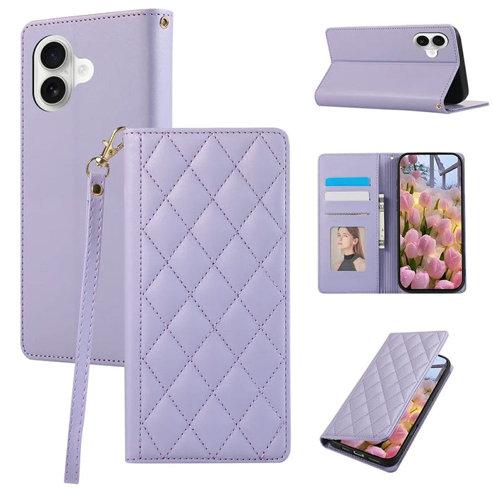 For iPhone 17 Case RFID Blocking Wallet Stand Rhombus Leather Phone Cover with Wrist Strap - Purple - 1