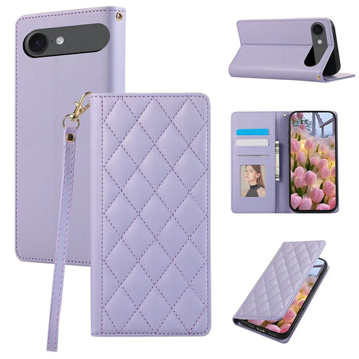 For iPhone Air Case RFID Blocking Wallet Stand Rhombus Leather Phone Cover with Wrist Strap - Purple - 1