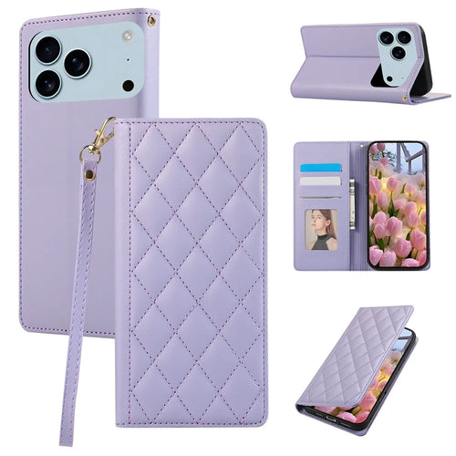 For iPhone 18 Pro / 17 Pro Case RFID Blocking Wallet Stand Rhombus Leather Phone Cover with Wrist Strap - Purple - 1