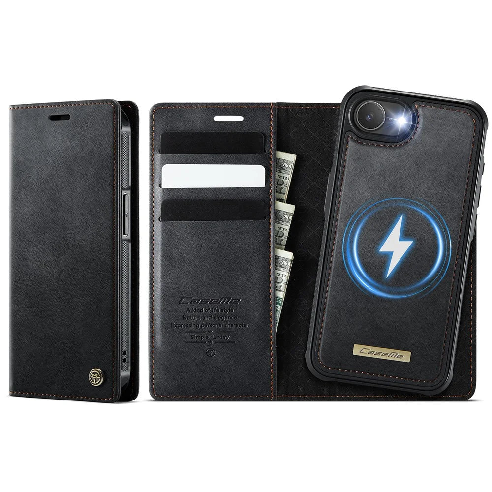 CASEME For iPhone 17e / 16e Case  C49  Compatible with MagSafe RFID Blocking Detachable Wallet Leather Phone Cover - Black - 1