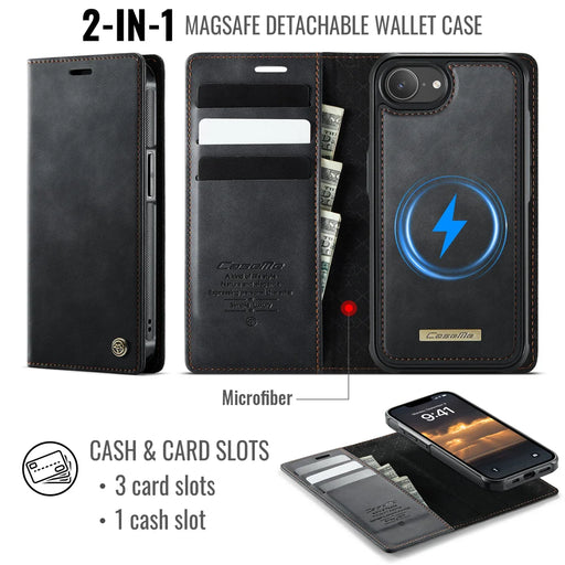 CASEME For iPhone 17e / 16e Case  C49  Compatible with MagSafe RFID Blocking Detachable Wallet Leather Phone Cover - Black - 2