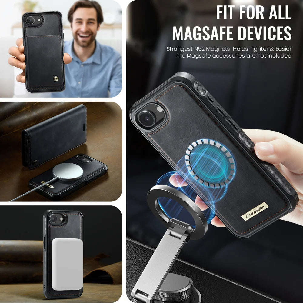 CASEME For iPhone 17e / 16e Case  C49  Compatible with MagSafe RFID Blocking Detachable Wallet Leather Phone Cover - Black - 3