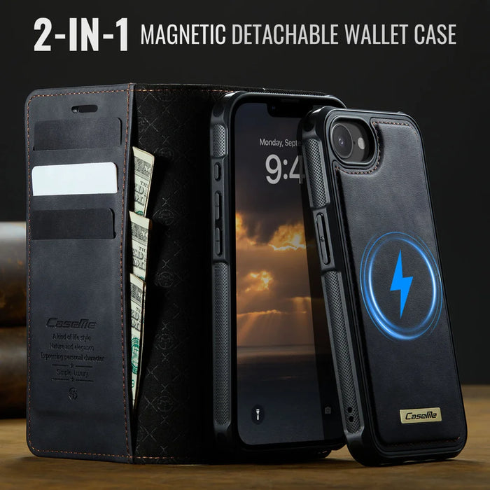 CASEME For iPhone 17e / 16e Case  C49  Compatible with MagSafe RFID Blocking Detachable Wallet Leather Phone Cover - Black - 4