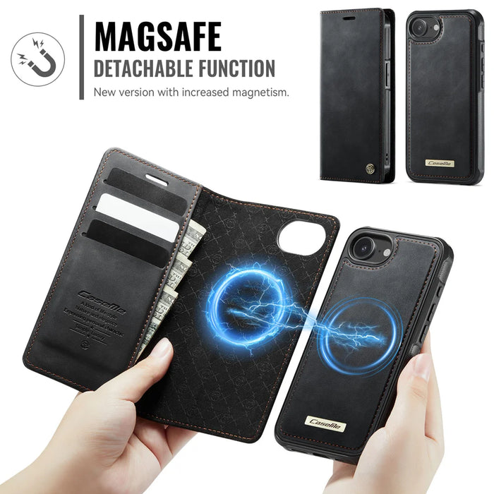 CASEME For iPhone 17e / 16e Case  C49  Compatible with MagSafe RFID Blocking Detachable Wallet Leather Phone Cover - Black - 6