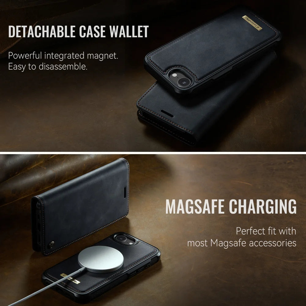 CASEME For iPhone 17e / 16e Case  C49  Compatible with MagSafe RFID Blocking Detachable Wallet Leather Phone Cover - Black - 7
