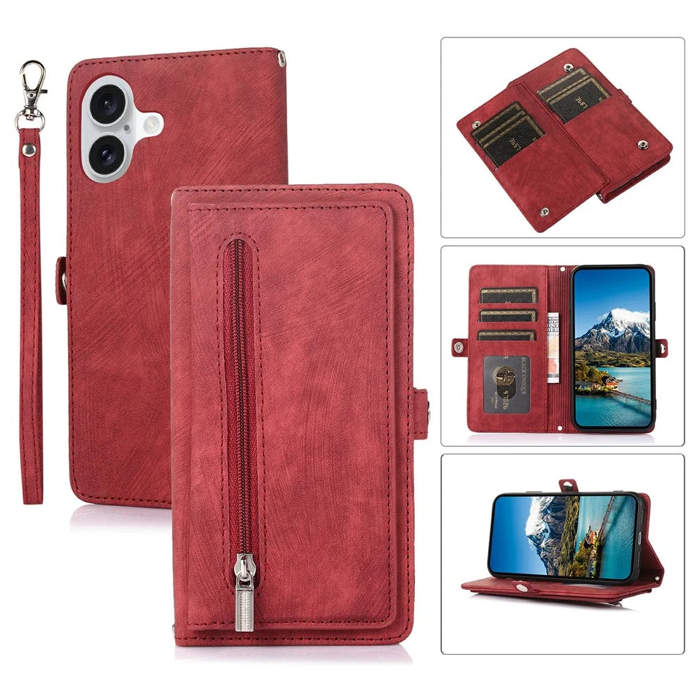 For iPhone 17 Case Zipper Pocket 9 Card Slots PU Leather Phone Cover with Wrist Strap - Red - 1