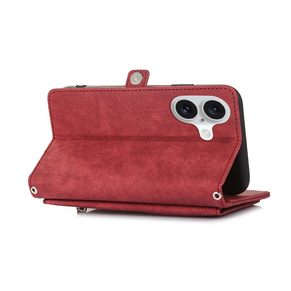 For iPhone 17 Case Zipper Pocket 9 Card Slots PU Leather Phone Cover with Wrist Strap - Red - 2