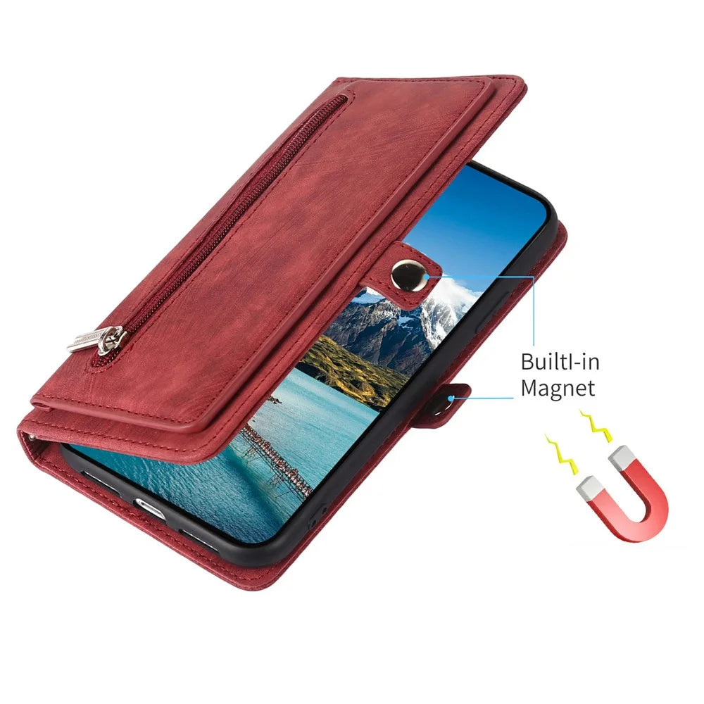 For iPhone 17 Case Zipper Pocket 9 Card Slots PU Leather Phone Cover with Wrist Strap - Red - 5