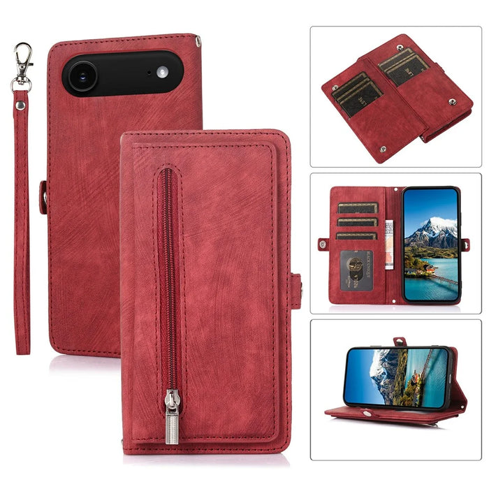 For iPhone Air Case Zipper Pocket 9 Card Slots PU Leather Phone Cover with Wrist Strap - Red - 1
