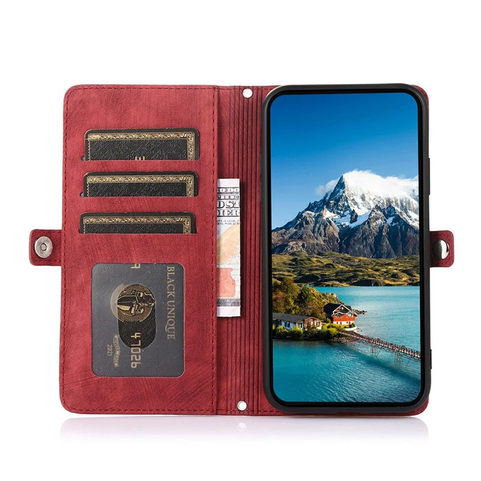 For iPhone Air Case Zipper Pocket 9 Card Slots PU Leather Phone Cover with Wrist Strap - Red - 4