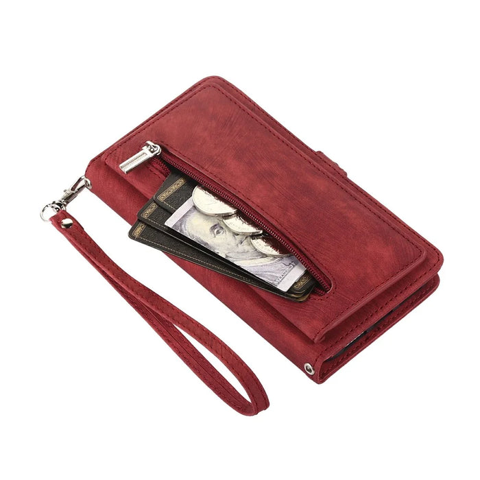 For iPhone Air Case Zipper Pocket 9 Card Slots PU Leather Phone Cover with Wrist Strap - Red - 7