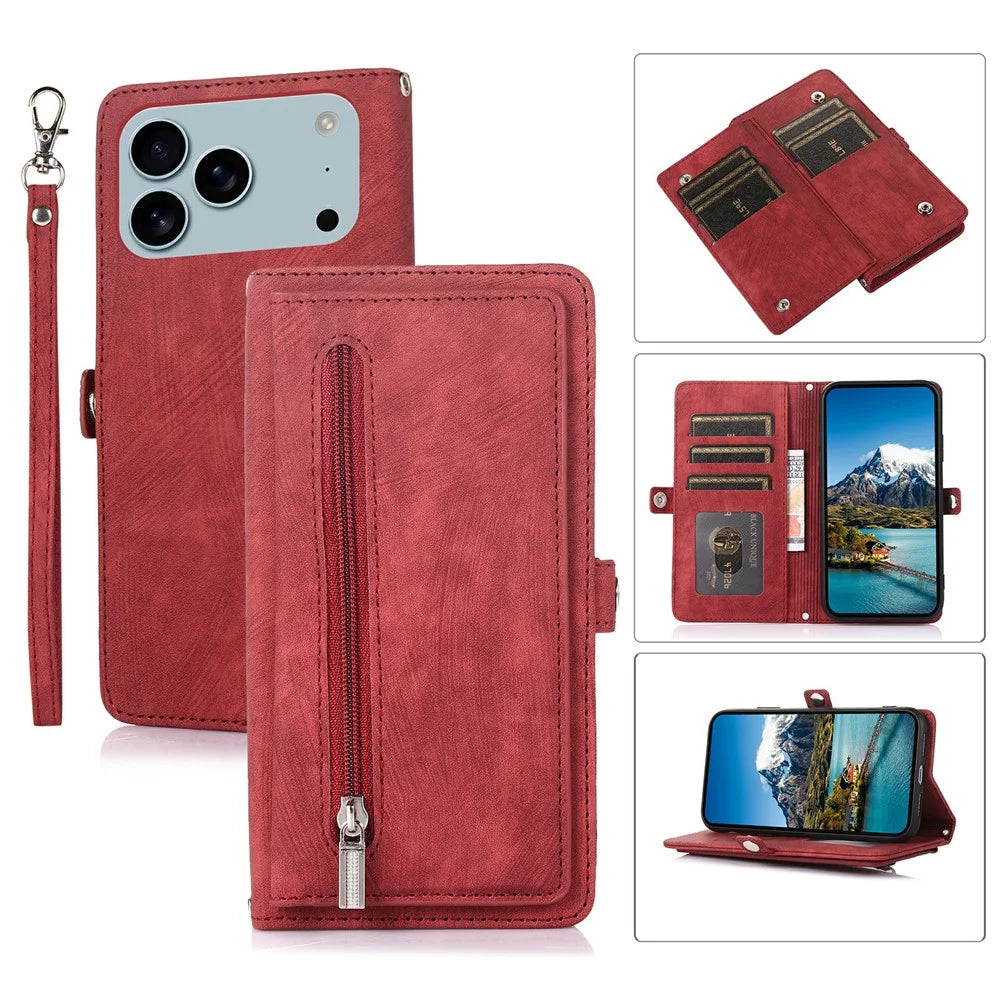 For iPhone 18 Pro / 17 Pro Case Zipper Pocket 9 Card Slots PU Leather Phone Cover with Wrist Strap - Red - 1