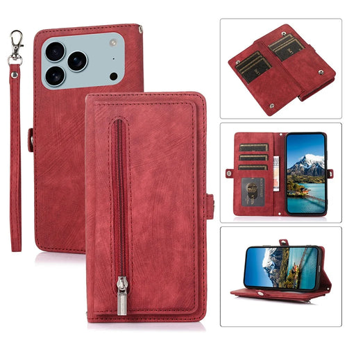 For iPhone 18 Pro / 17 Pro Case Zipper Pocket 9 Card Slots PU Leather Phone Cover with Wrist Strap - Red - 1