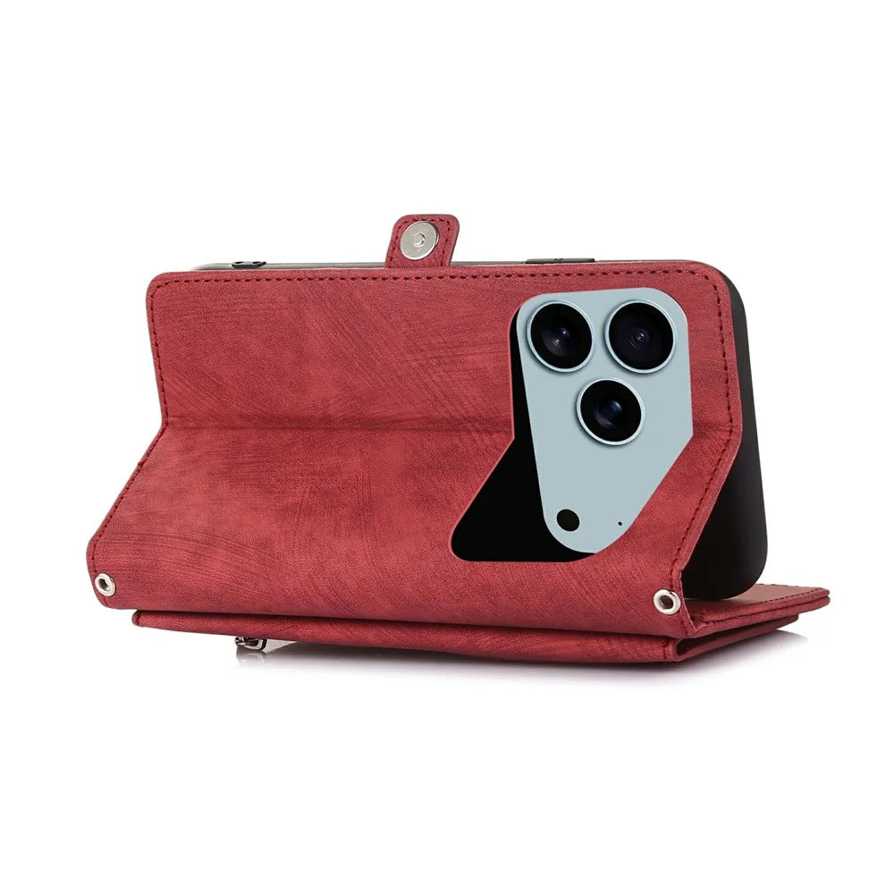 For iPhone 18 Pro / 17 Pro Case Zipper Pocket 9 Card Slots PU Leather Phone Cover with Wrist Strap - Red - 2
