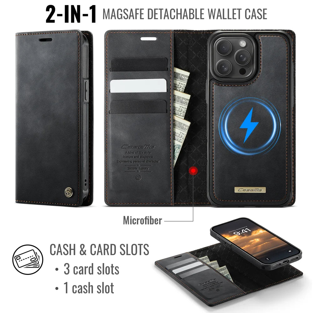 CASEME For iPhone 15 Pro Max Case  C49  Compatible with MagSafe RFID Blocking Detachable Wallet Leather Phone Cover - Black - 2