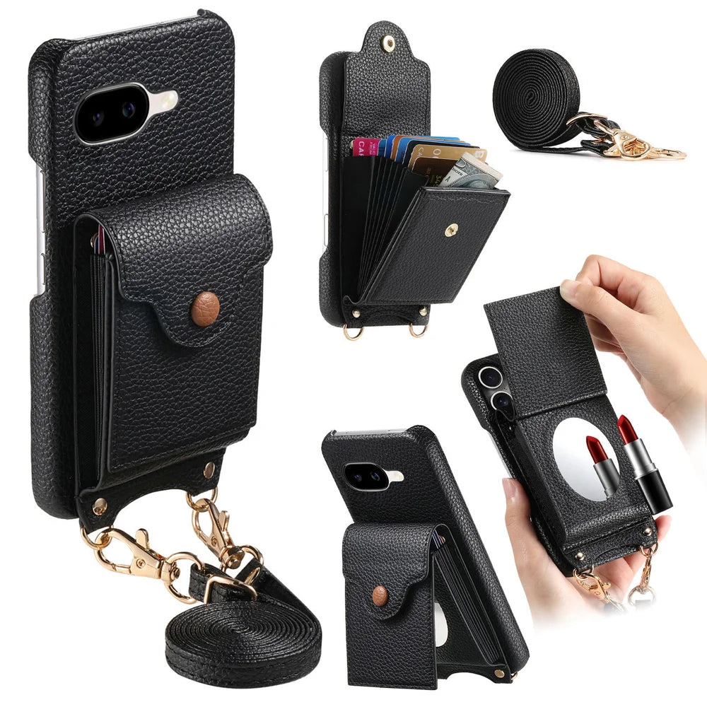 For Google Pixel 9a Case Mirror Card Holder Litchi Texture Leather Phone Back Cover with Long Strap - Black - 1