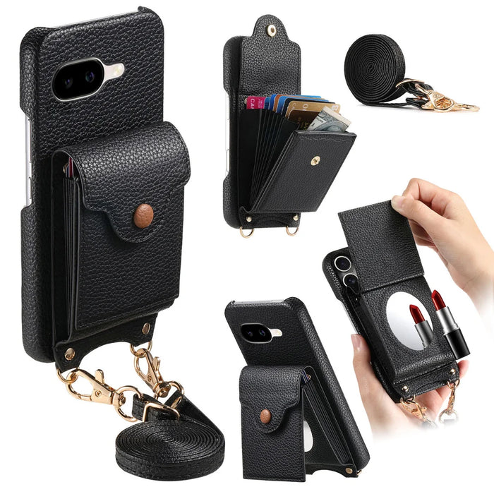 For Google Pixel 9a Case Mirror Card Holder Litchi Texture Leather Phone Back Cover with Long Strap - Black - 1