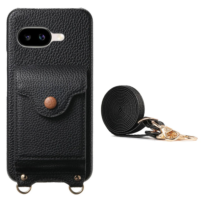 For Google Pixel 9a Case Mirror Card Holder Litchi Texture Leather Phone Back Cover with Long Strap - Black - 2