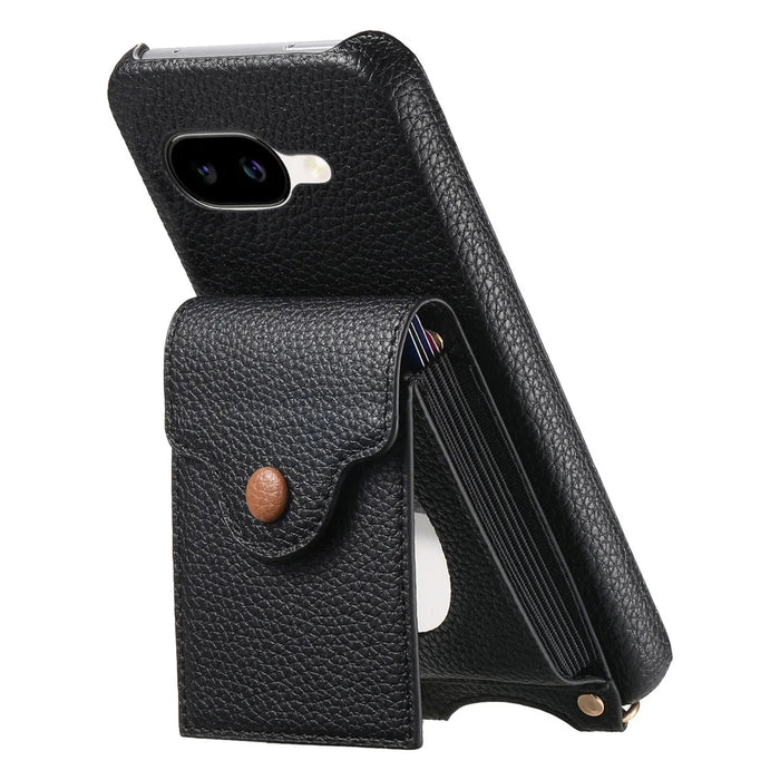 For Google Pixel 9a Case Mirror Card Holder Litchi Texture Leather Phone Back Cover with Long Strap - Black - 3