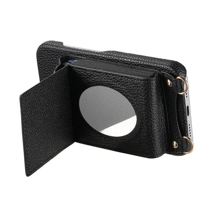 For Google Pixel 9a Case Mirror Card Holder Litchi Texture Leather Phone Back Cover with Long Strap - Black - 4