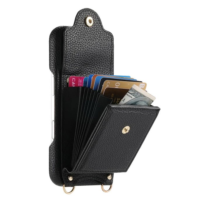 For Google Pixel 9a Case Mirror Card Holder Litchi Texture Leather Phone Back Cover with Long Strap - Black - 5