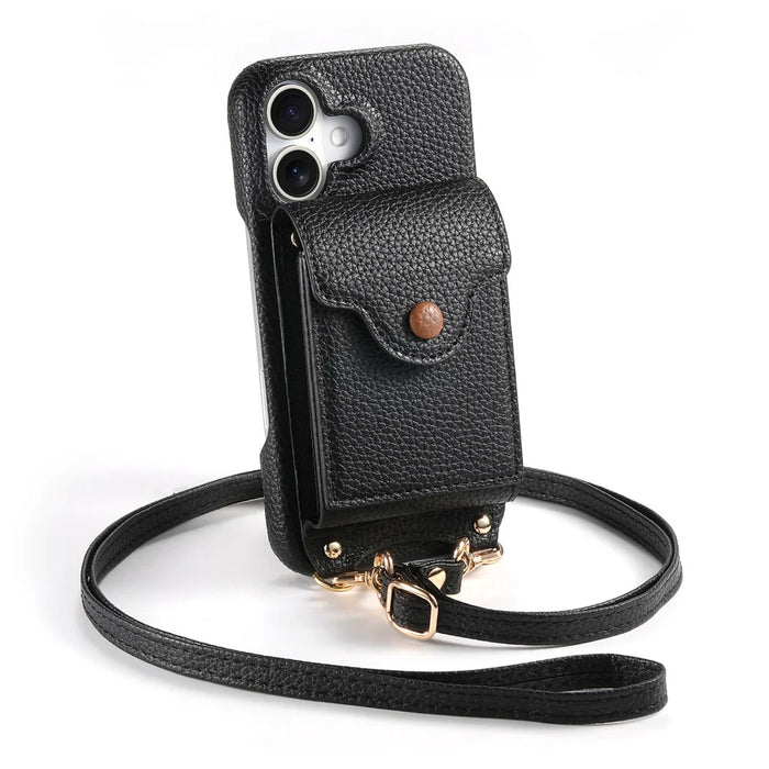For Google Pixel 9a Case Mirror Card Holder Litchi Texture Leather Phone Back Cover with Long Strap - Black - 6