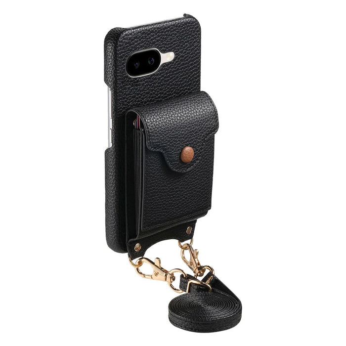 For Google Pixel 9a Case Mirror Card Holder Litchi Texture Leather Phone Back Cover with Long Strap - Black - 7