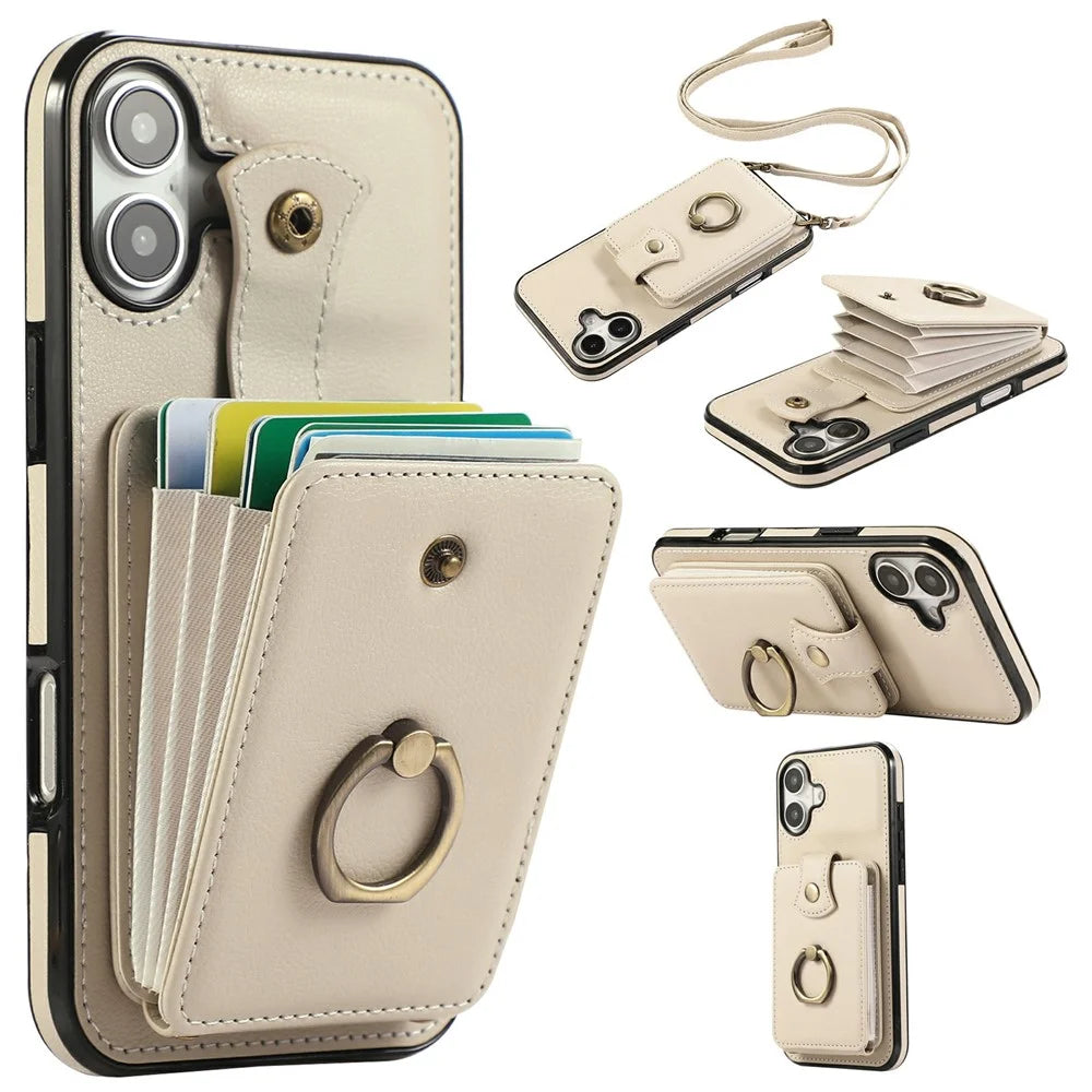 For iPhone 17 Case Card Holder Ring Kickstand TPU + PU Leather Phone Cover with Long Strap - Beige - 1