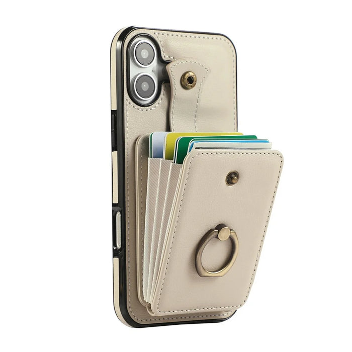 For iPhone 17 Case Card Holder Ring Kickstand TPU + PU Leather Phone Cover with Long Strap - Beige - 2