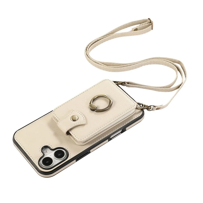 For iPhone 17 Case Card Holder Ring Kickstand TPU + PU Leather Phone Cover with Long Strap - Beige - 5