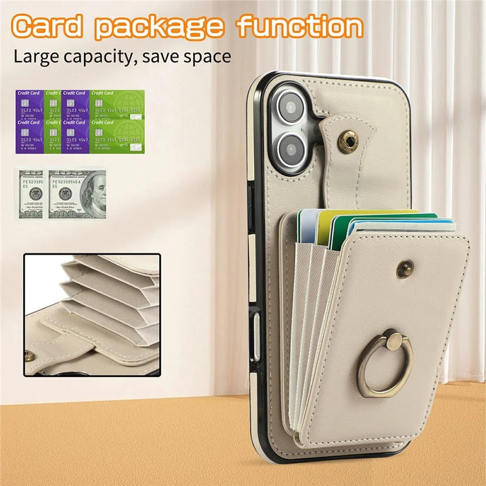 For iPhone 17 Case Card Holder Ring Kickstand TPU + PU Leather Phone Cover with Long Strap - Beige - 6