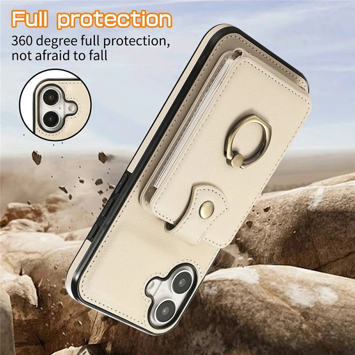 For iPhone 17 Case Card Holder Ring Kickstand TPU + PU Leather Phone Cover with Long Strap - Beige - 7