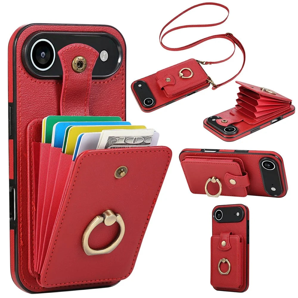 For iPhone Air Case Card Holder Ring Kickstand TPU + PU Leather Phone Cover with Long Strap - Red - 1