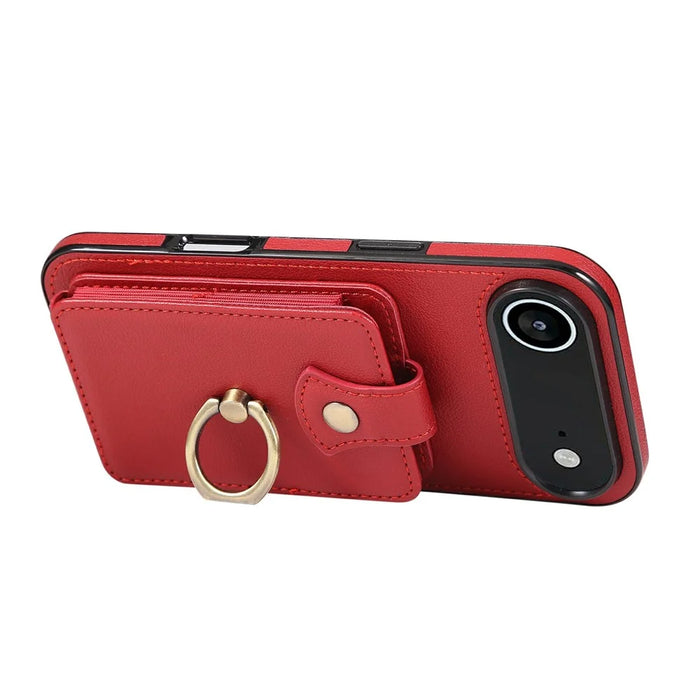 For iPhone Air Case Card Holder Ring Kickstand TPU + PU Leather Phone Cover with Long Strap - Red - 3