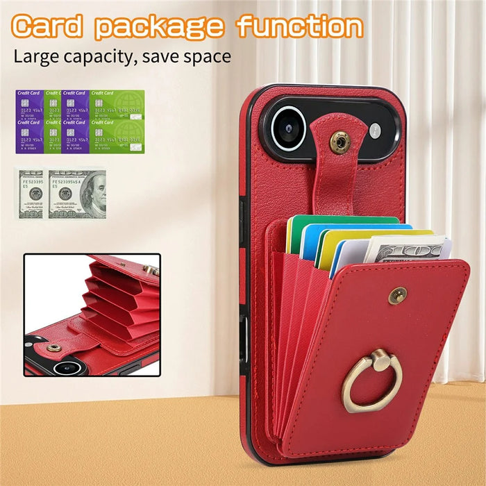 For iPhone Air Case Card Holder Ring Kickstand TPU + PU Leather Phone Cover with Long Strap - Red - 5