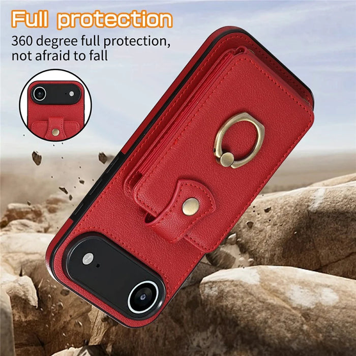 For iPhone Air Case Card Holder Ring Kickstand TPU + PU Leather Phone Cover with Long Strap - Red - 6