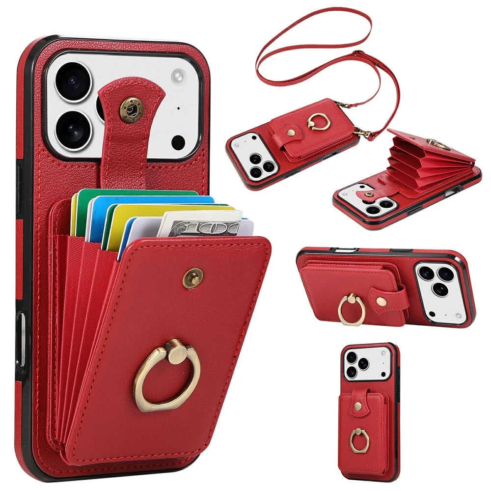 For iPhone 18 Pro / 17 Pro Case Card Holder Ring Kickstand TPU + PU Leather Phone Cover with Long Strap - Red - 1