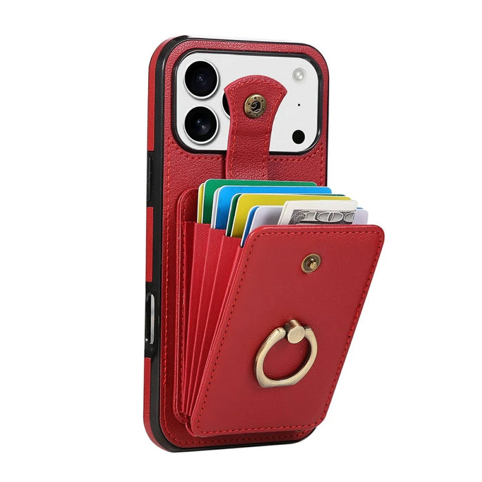 For iPhone 18 Pro / 17 Pro Case Card Holder Ring Kickstand TPU + PU Leather Phone Cover with Long Strap - Red - 2