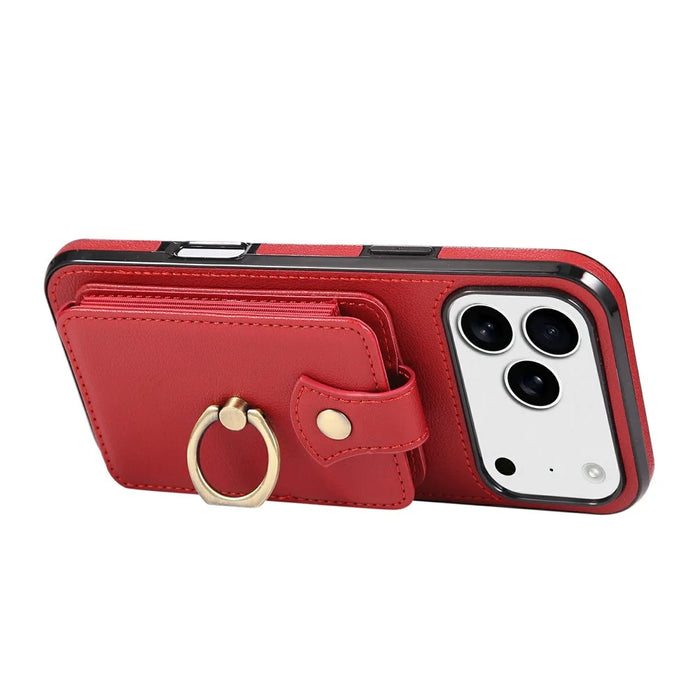 For iPhone 18 Pro / 17 Pro Case Card Holder Ring Kickstand TPU + PU Leather Phone Cover with Long Strap - Red - 3