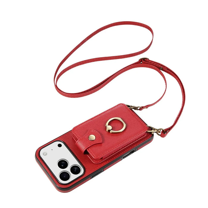 For iPhone 18 Pro / 17 Pro Case Card Holder Ring Kickstand TPU + PU Leather Phone Cover with Long Strap - Red - 4