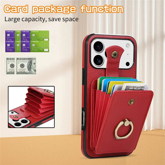 For iPhone 18 Pro / 17 Pro Case Card Holder Ring Kickstand TPU + PU Leather Phone Cover with Long Strap - Red - 5