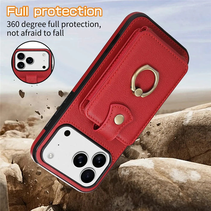 For iPhone 18 Pro / 17 Pro Case Card Holder Ring Kickstand TPU + PU Leather Phone Cover with Long Strap - Red - 6