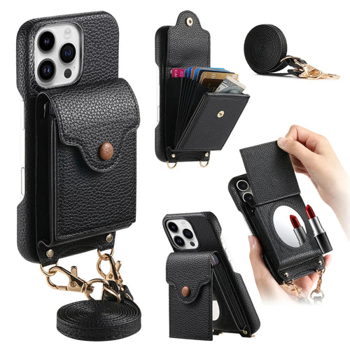 For iPhone 16 Pro Case Mirror Card Holder Litchi Texture Leather Phone Back Cover with Long Strap - Black - 1