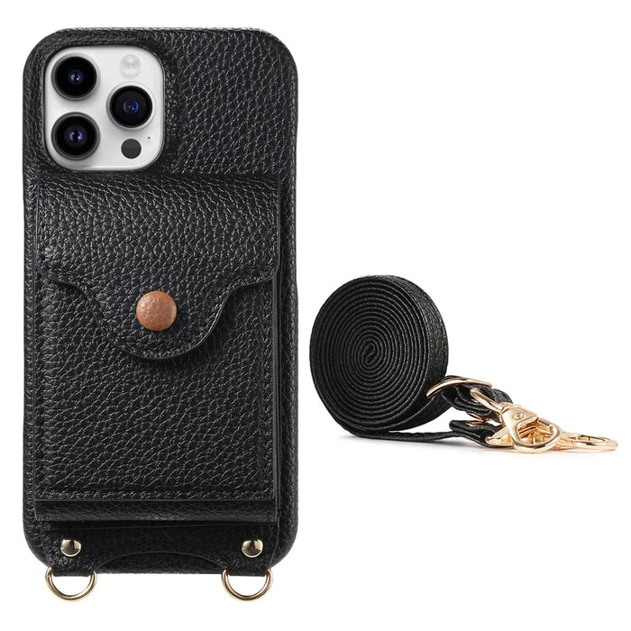 For iPhone 16 Pro Case Mirror Card Holder Litchi Texture Leather Phone Back Cover with Long Strap - Black - 2