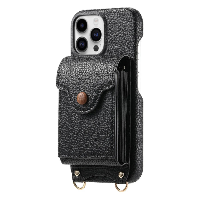 For iPhone 16 Pro Case Mirror Card Holder Litchi Texture Leather Phone Back Cover with Long Strap - Black - 3