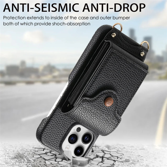 For iPhone 16 Pro Case Mirror Card Holder Litchi Texture Leather Phone Back Cover with Long Strap - Black - 4